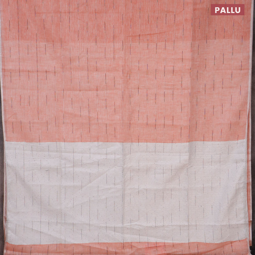 Pure linen saree peach orange and off white with allover thread weaves and sequin work pallu & piping border