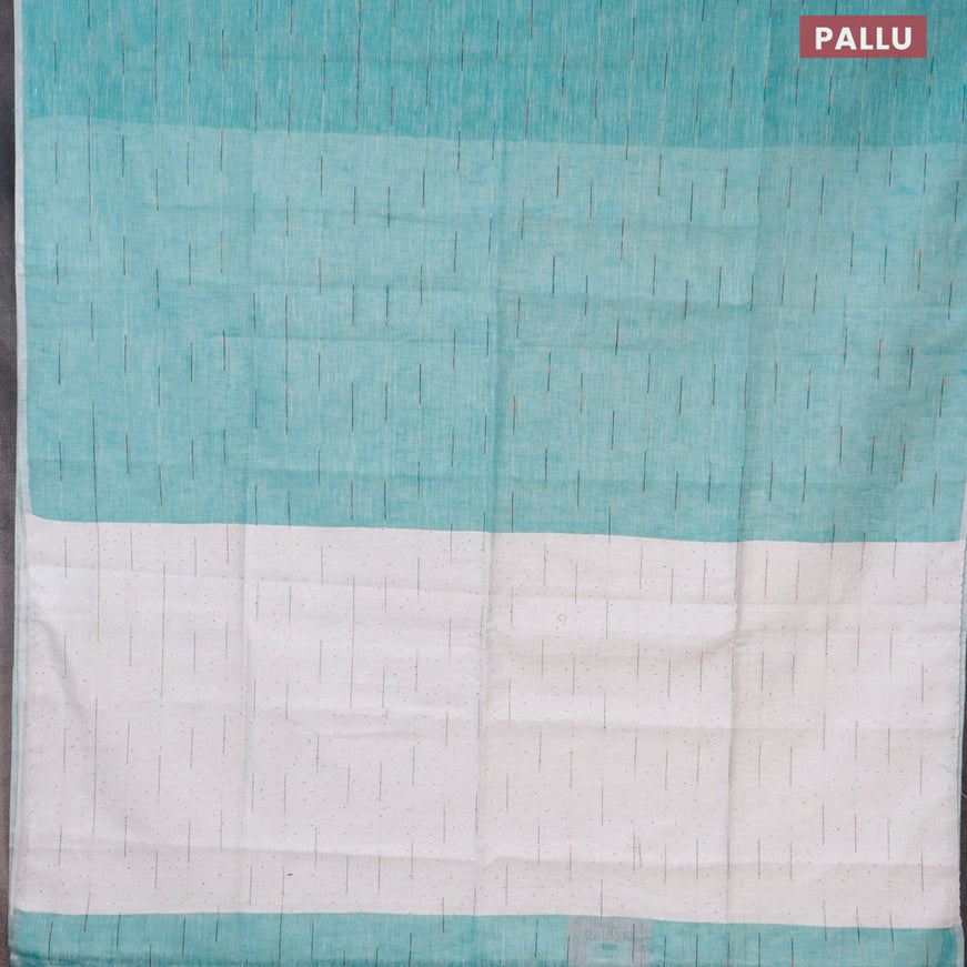 Pure linen saree teal green and off white with allover thread weaves and sequin work pallu & piping border