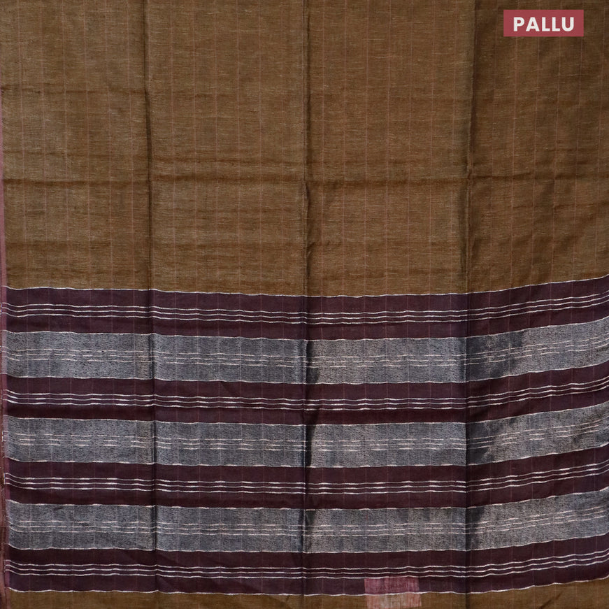 Pure linen saree chikku shade and wine shade with allover zari stripe weaves and zari woven piping border