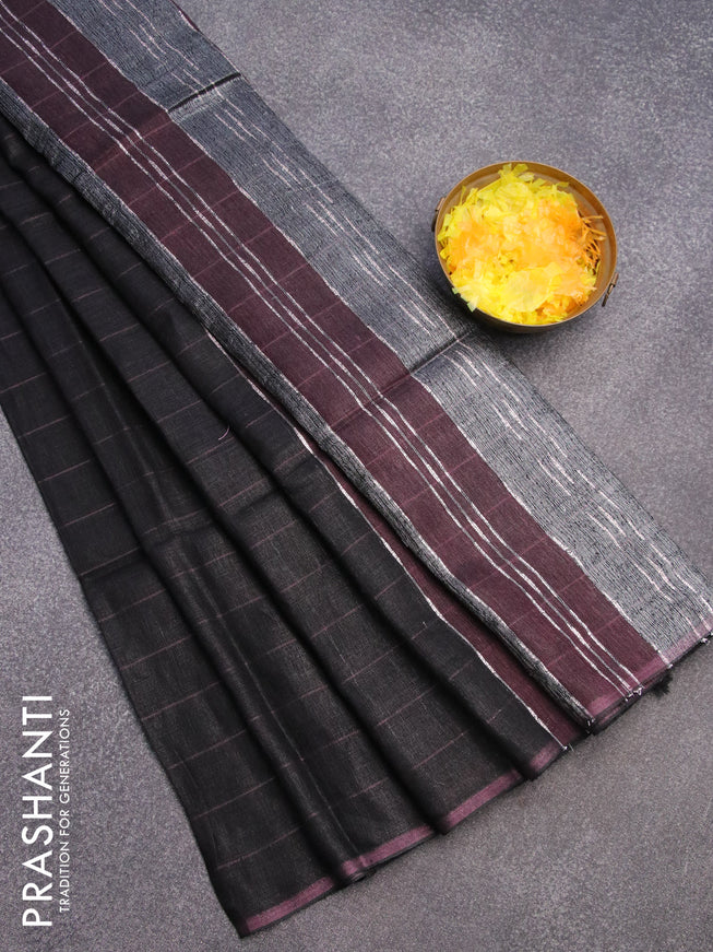Pure linen saree black and rosy brown with allover zari stripe weaves and zari woven piping border