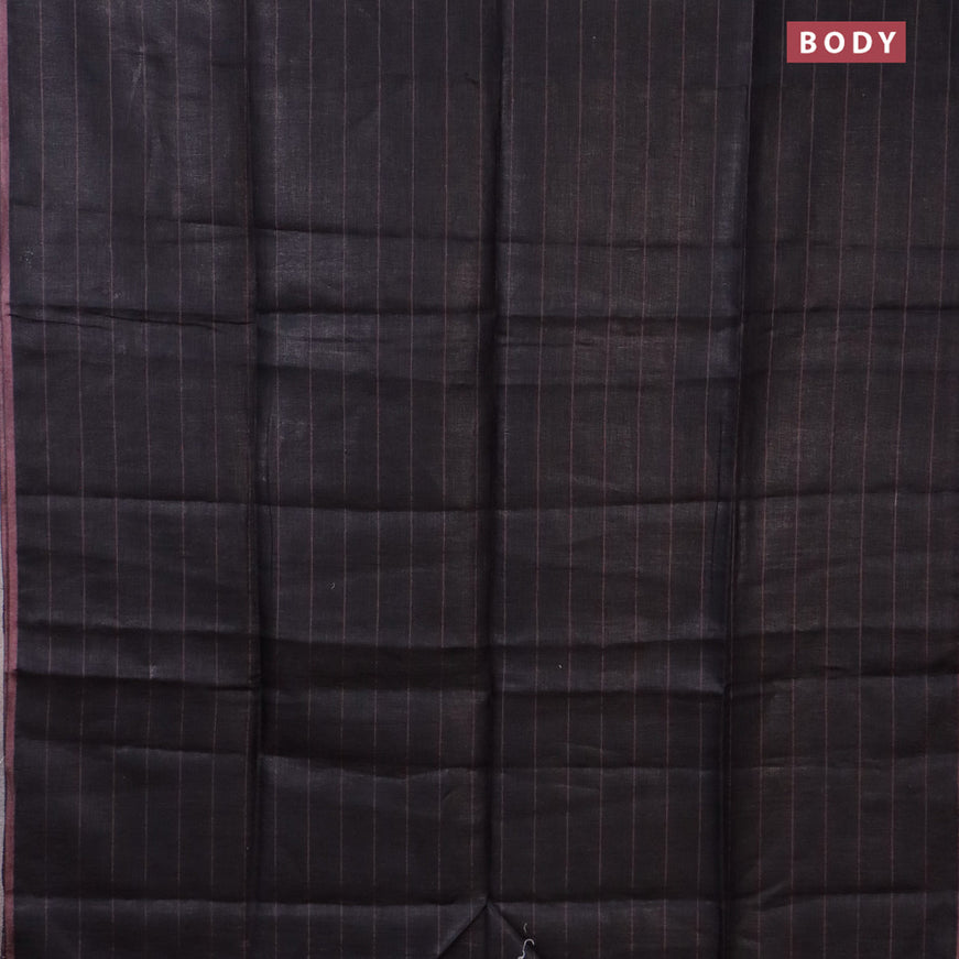 Pure linen saree black and rosy brown with allover zari stripe weaves and zari woven piping border