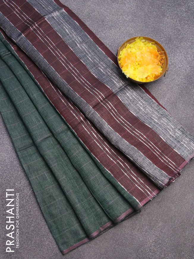 Pure linen saree green shade and rosy brown with allover zari stripe weaves and zari woven piping border