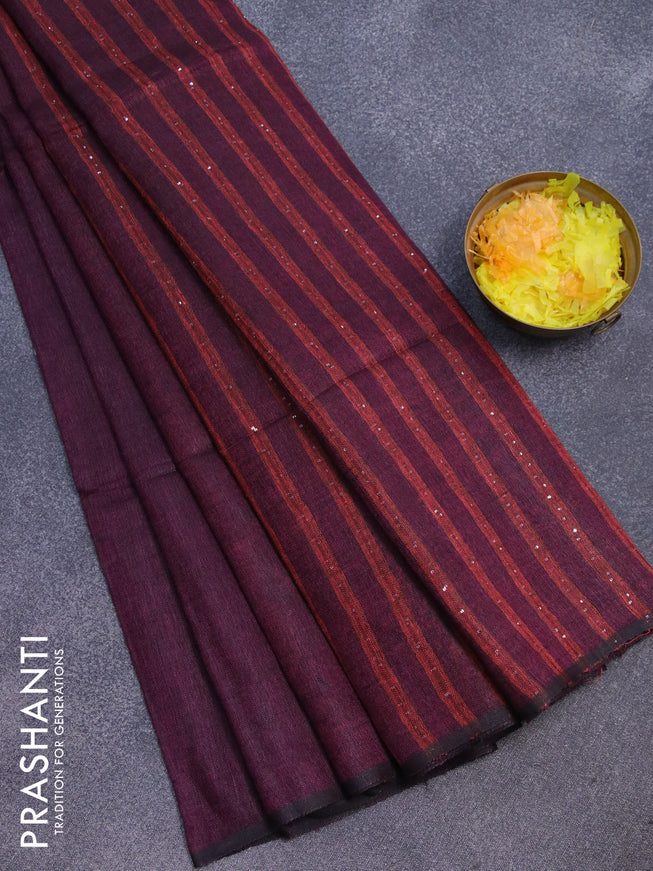 Pure linen saree wine shade and rust shade with plain body and sequin work pallu & piping border