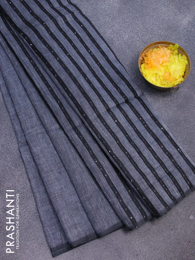 Pure linen saree grey and black with plain body and sequin work pallu & piping border
