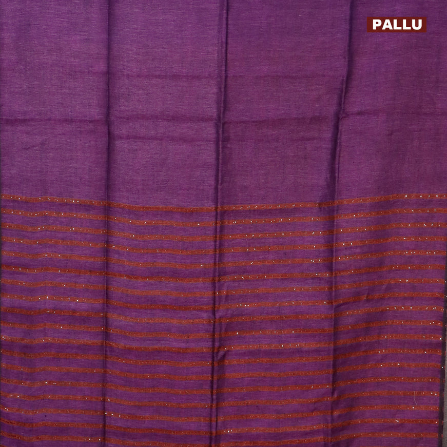 Pure linen saree purple and rust shade with plain body and sequin work pallu & piping border