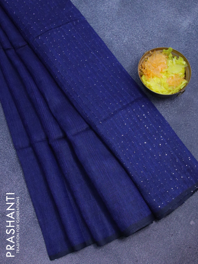Pure linen saree blue with plain body and sequin work pallu & piping border