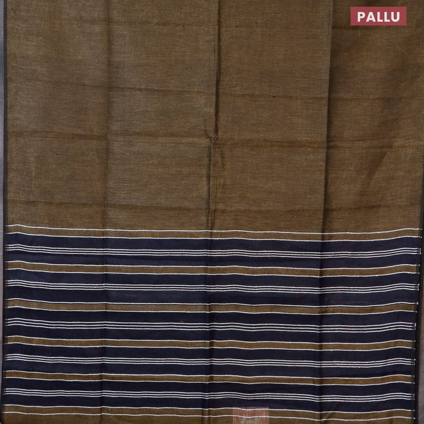 Pure linen saree chikku shade and dark navy blue with plain body and piping border