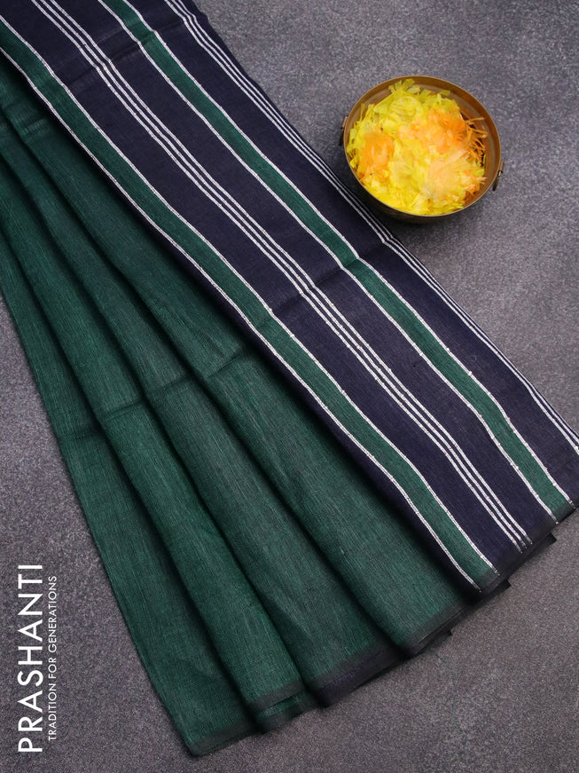 Pure linen saree green and navy blue with plain body and piping border