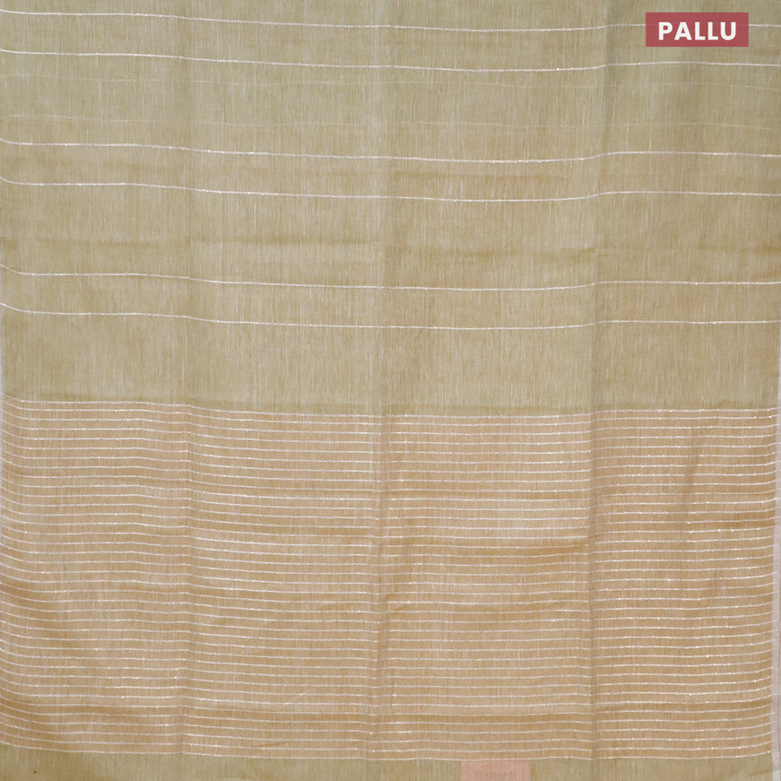 Pure linen saree pista green and sandal with stripes pattern and piping border