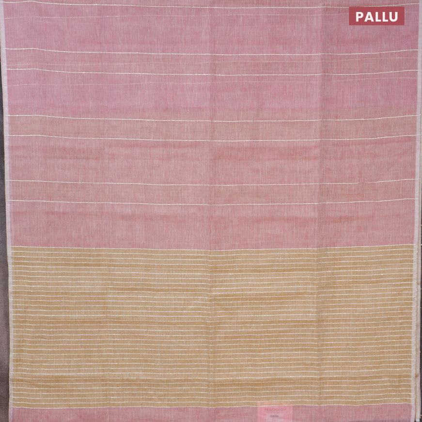 Pure linen saree light pink and sandal with stripes pattern and piping border