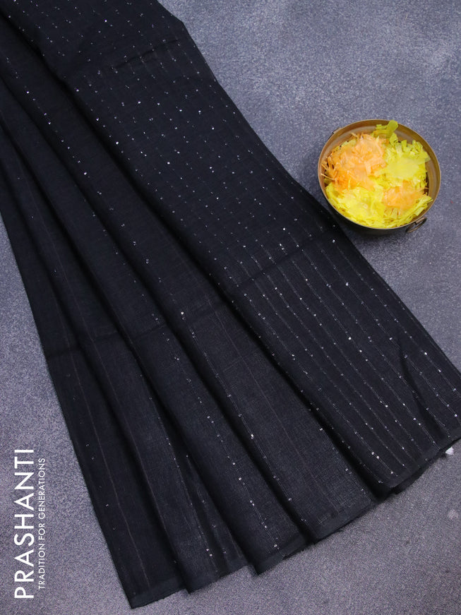 Pure linen saree black with allover thread woven sequin work and piping border