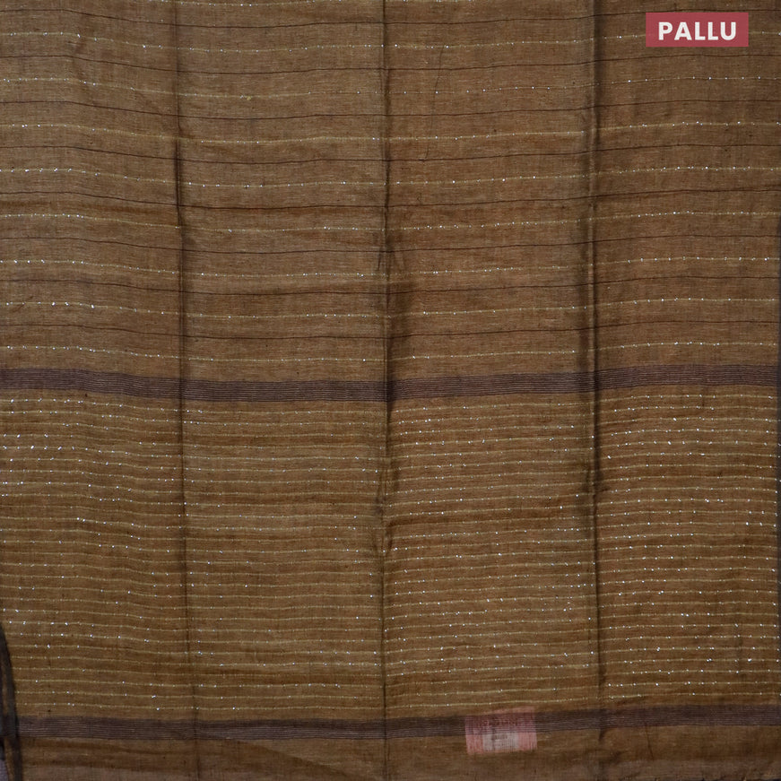 Pure linen saree military green with allover thread woven sequin work and piping border