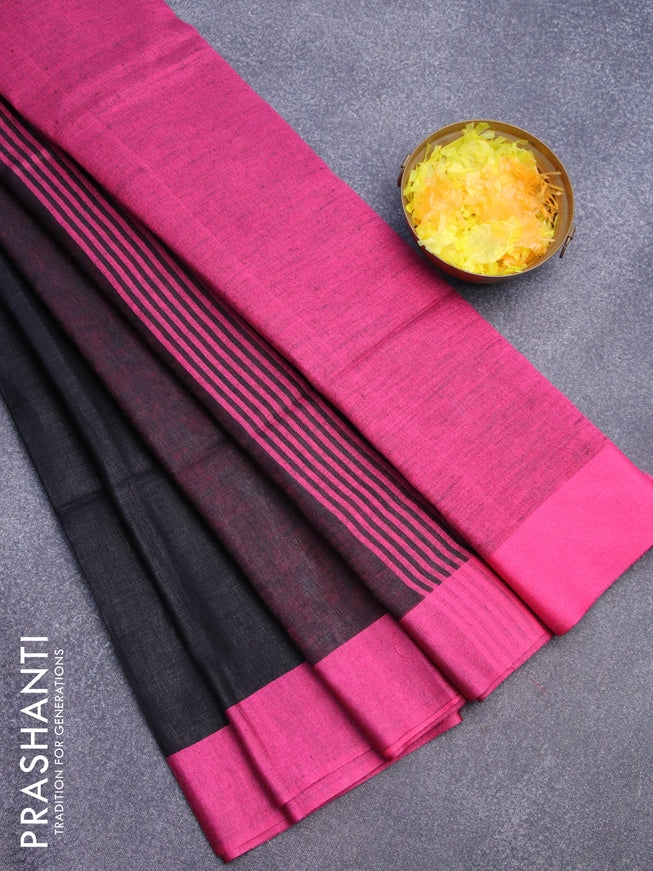 Pure linen saree black and pink with plain body and simple border