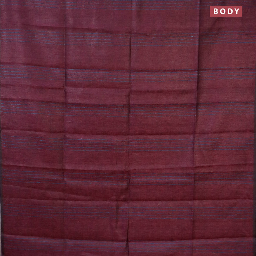 Pure linen saree wine shade with allover stripe pattern and sequin work pallu