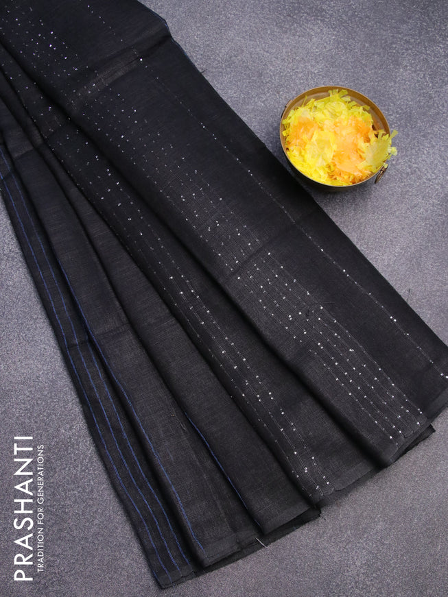 Pure linen saree black with allover stripe pattern and sequin work pallu