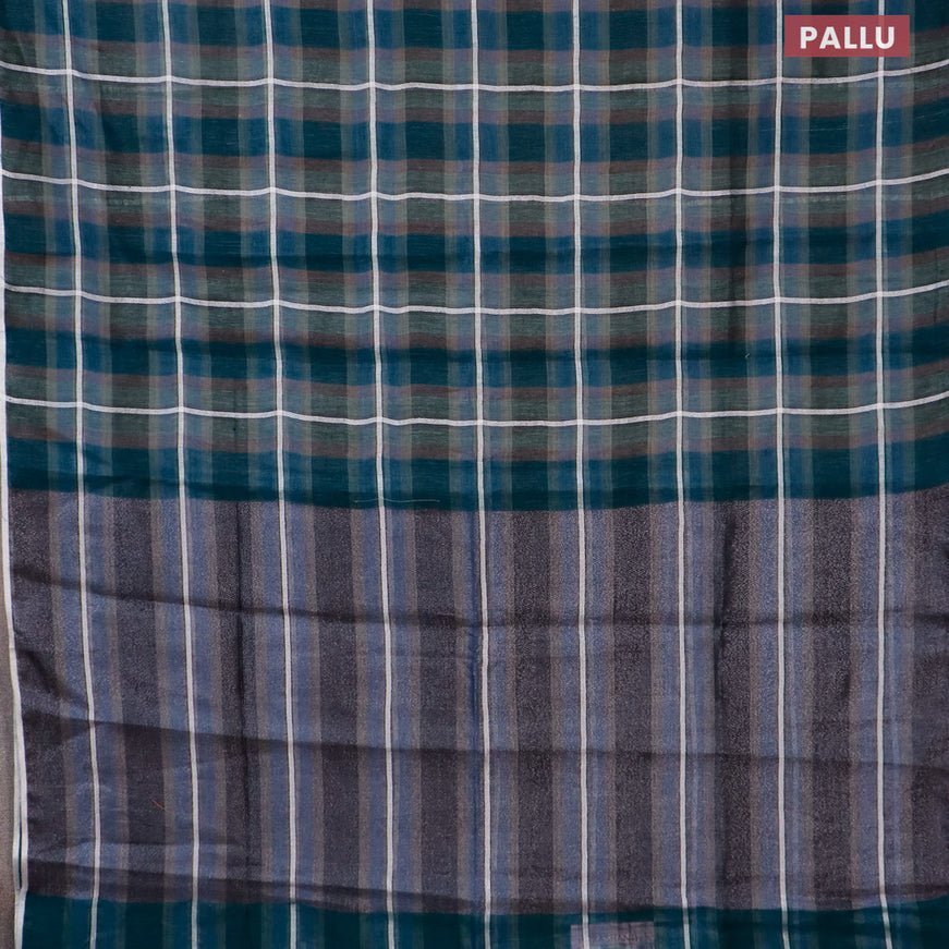 Pure linen saree peacock green and grey with allover checked pattern and silver zari woven piping border