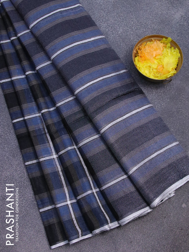 Pure linen saree blue and black with allover checked pattern and silver zari woven piping border