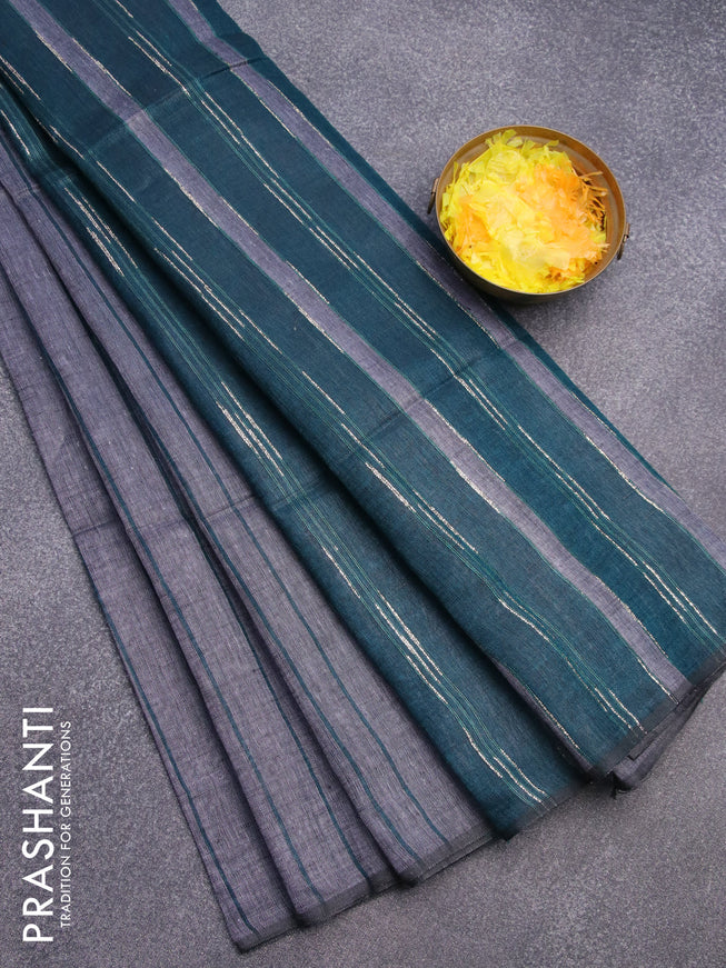 Pure linen saree grey and peacock green with allover stripe pattern and piping border