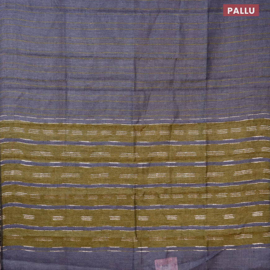 Pure linen saree grey and sap green with allover stripe pattern and piping border