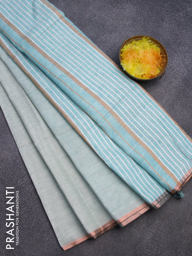 Pure linen saree pastel green and teal blue with plain body and sequin work pallu & piping border