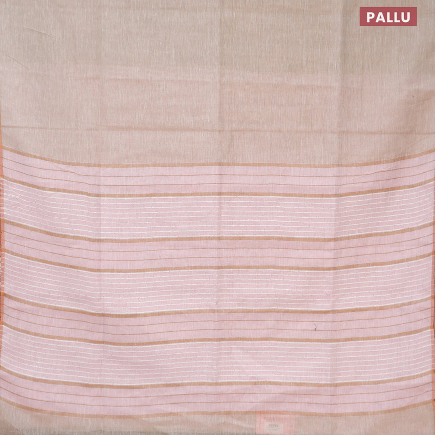 Pure linen saree beige and baby pink with plain body and sequin work pallu & piping border