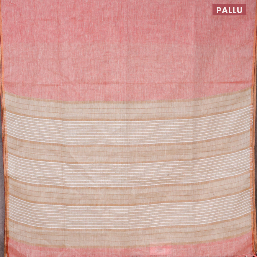 Pure linen saree red shade and beige with plain body and sequin work pallu & piping border