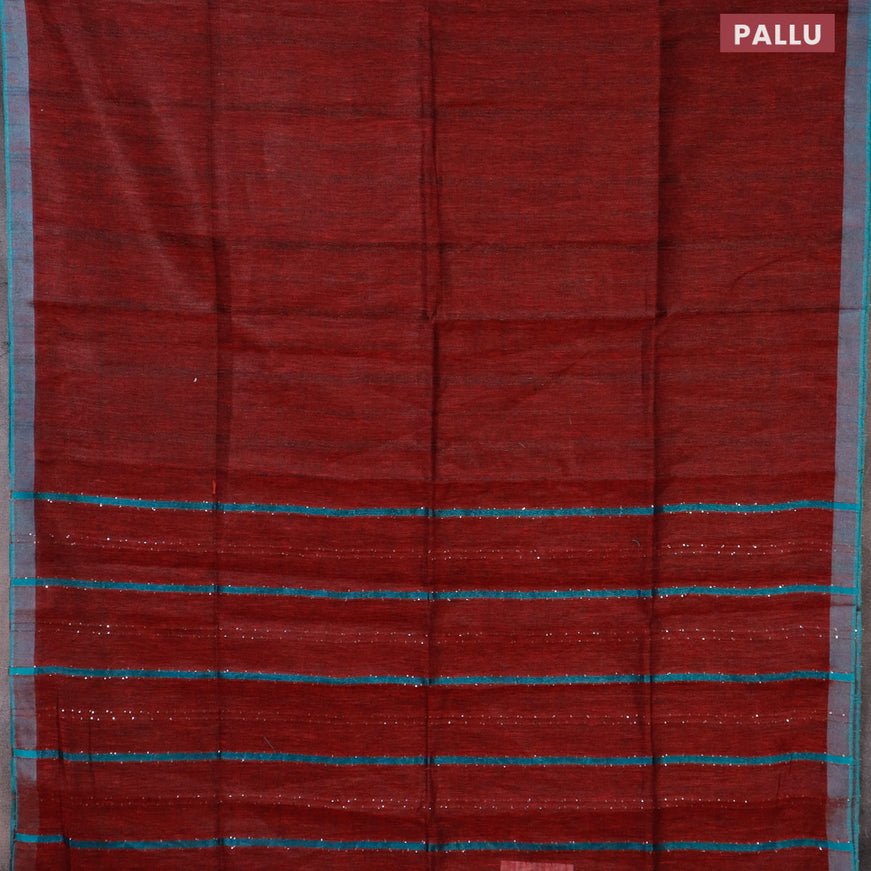 Pure linen saree maroon and teal blue with allover stripe pattern and sequin work pallu & piping border