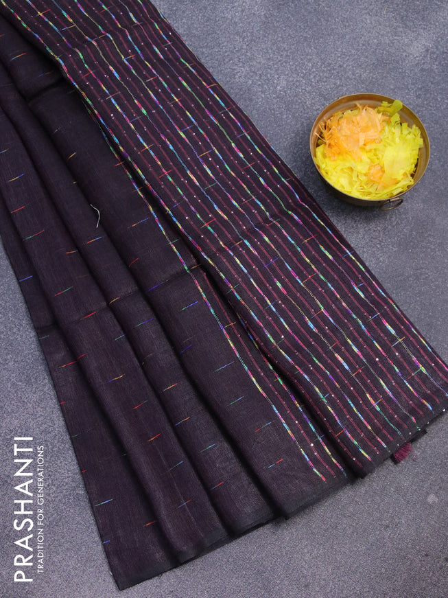 Pure linen saree deep jamun shade with allover thread weaves and sequin work pallu & piping border