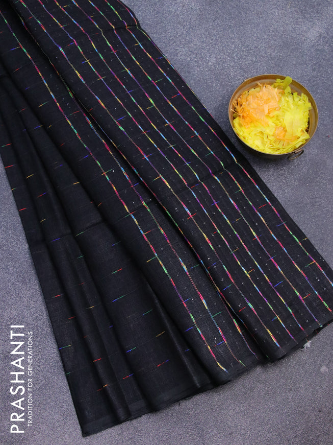 Pure linen saree black with allover thread weaves and sequin work pallu & piping border