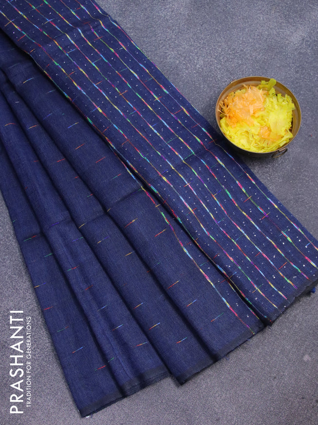 Pure linen saree blue with allover thread weaves and sequin work pallu & piping border