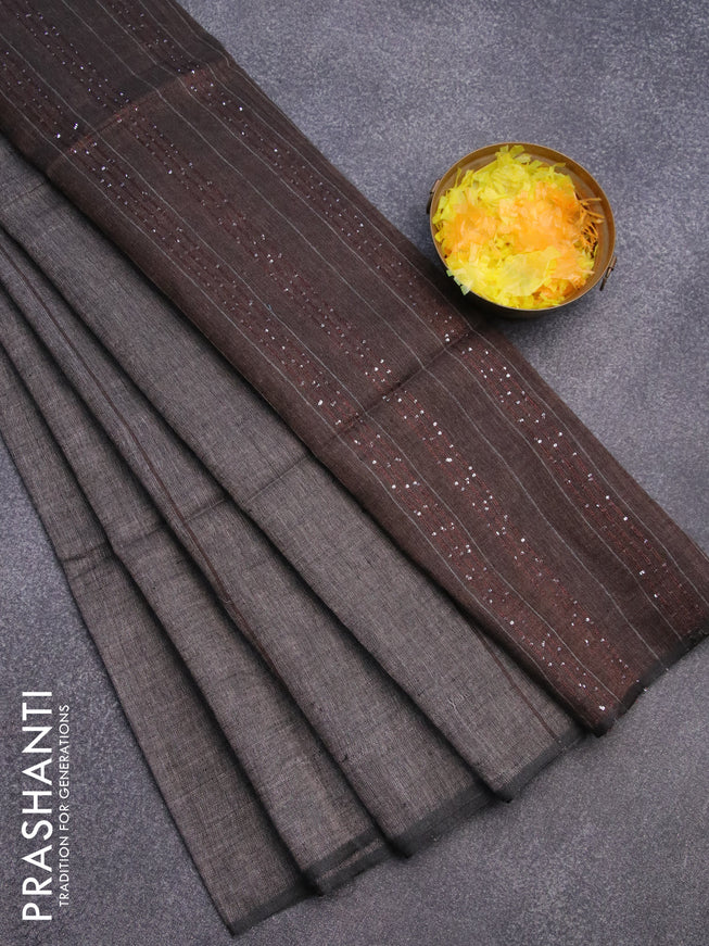 Pure linen saree grey shade and brown with allover stripe pattern and sequin work pallu & piping border