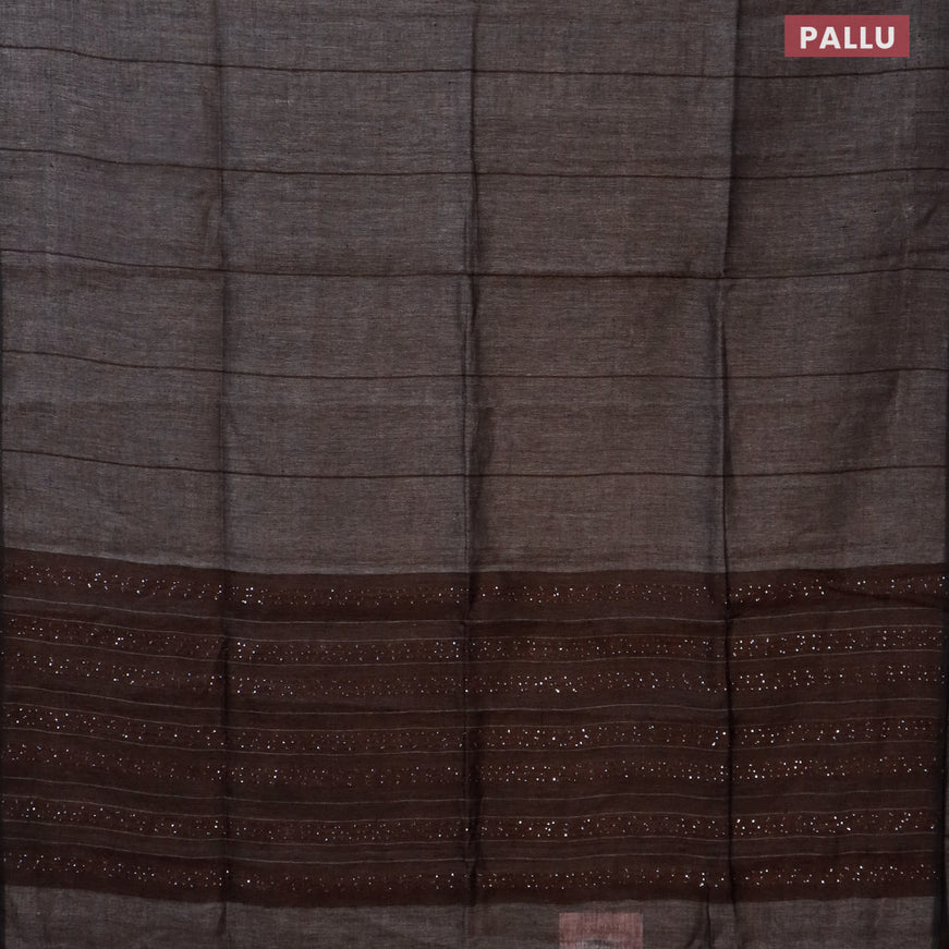 Pure linen saree grey shade and brown with allover stripe pattern and sequin work pallu & piping border