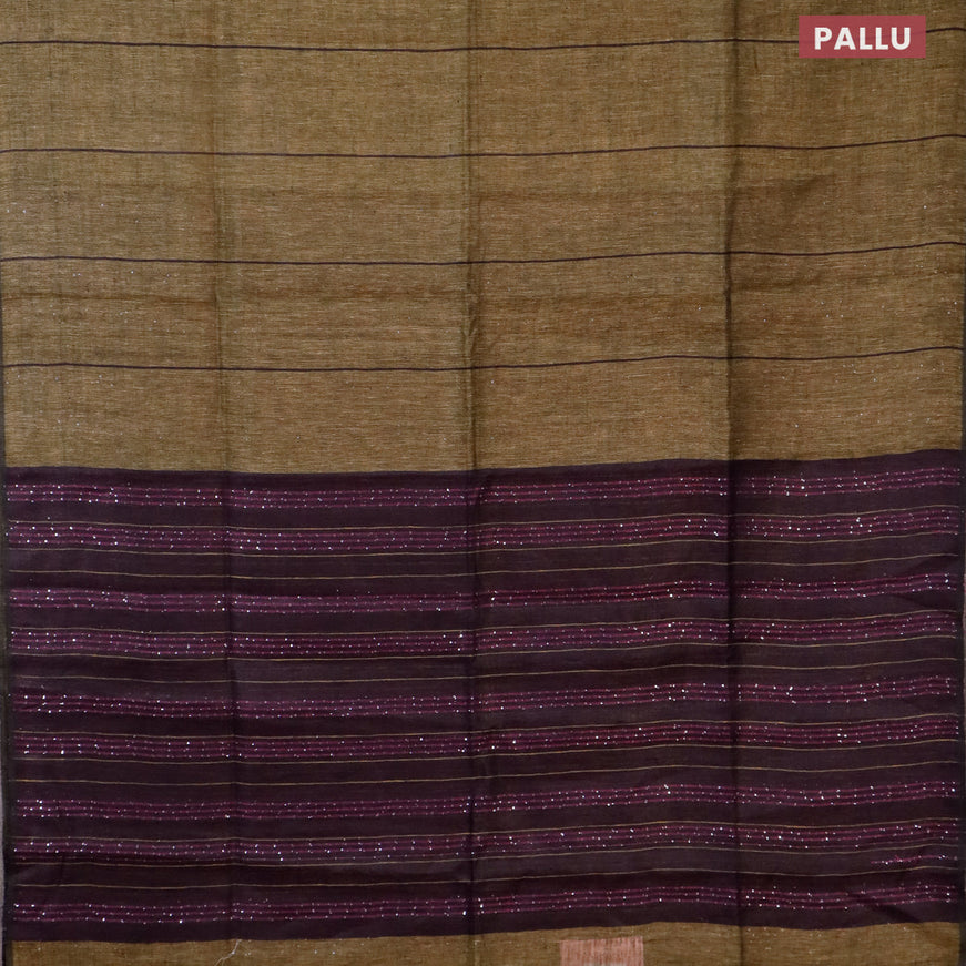 Pure linen saree mustard shade and deep wine with allover stripe pattern and sequin work pallu & piping border