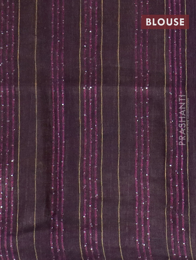 Pure linen saree mustard shade and deep wine with allover stripe pattern and sequin work pallu & piping border