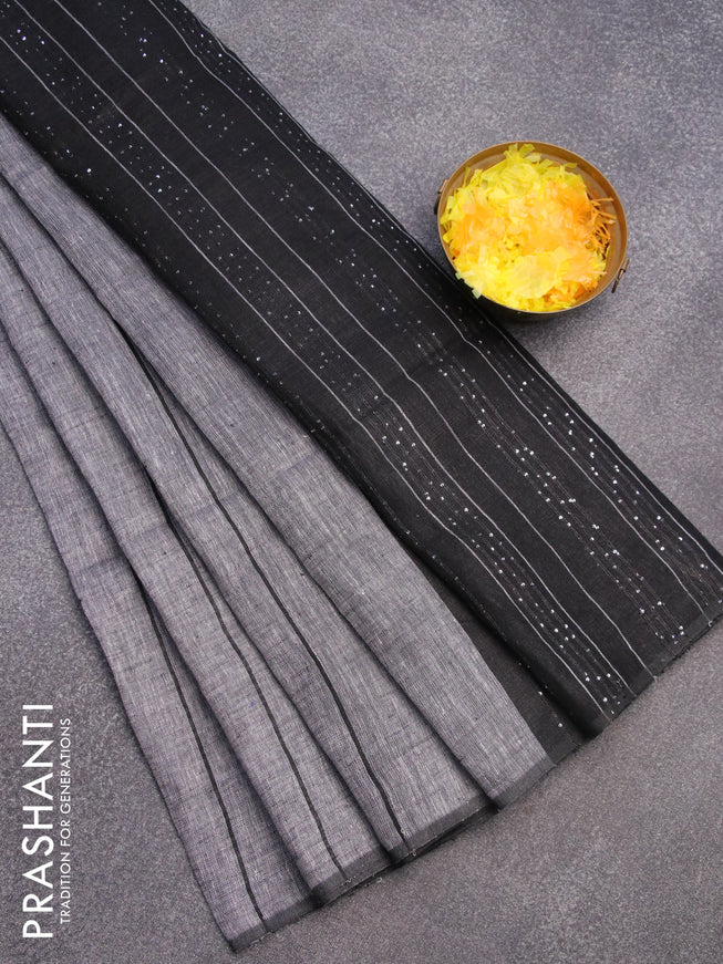 Pure linen saree grey and black with allover stripe pattern and sequin work pallu & piping border