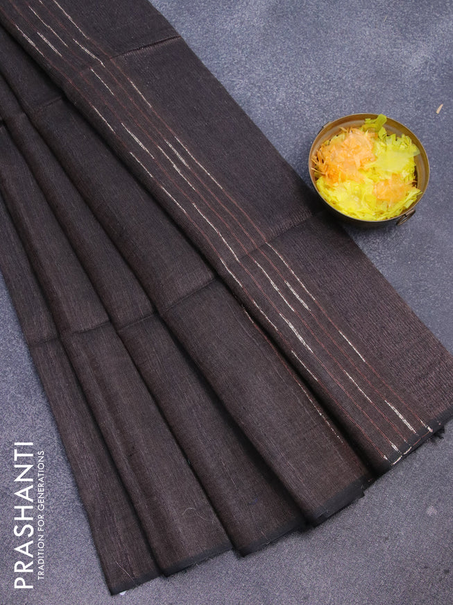 Pure linen saree brown shade with zari stripe pattern and piping border