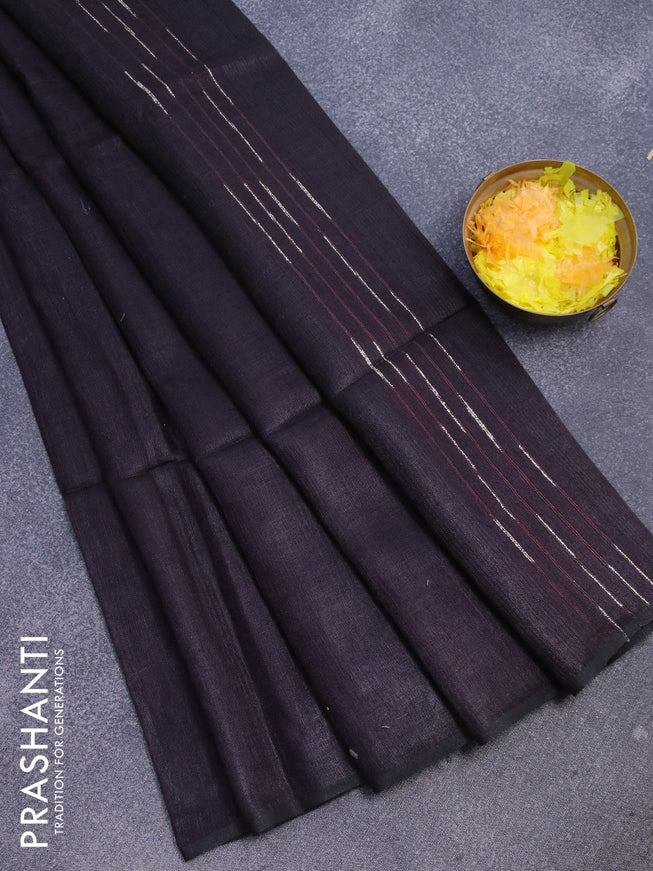 Pure linen saree wine shade with zari stripe pattern and piping border