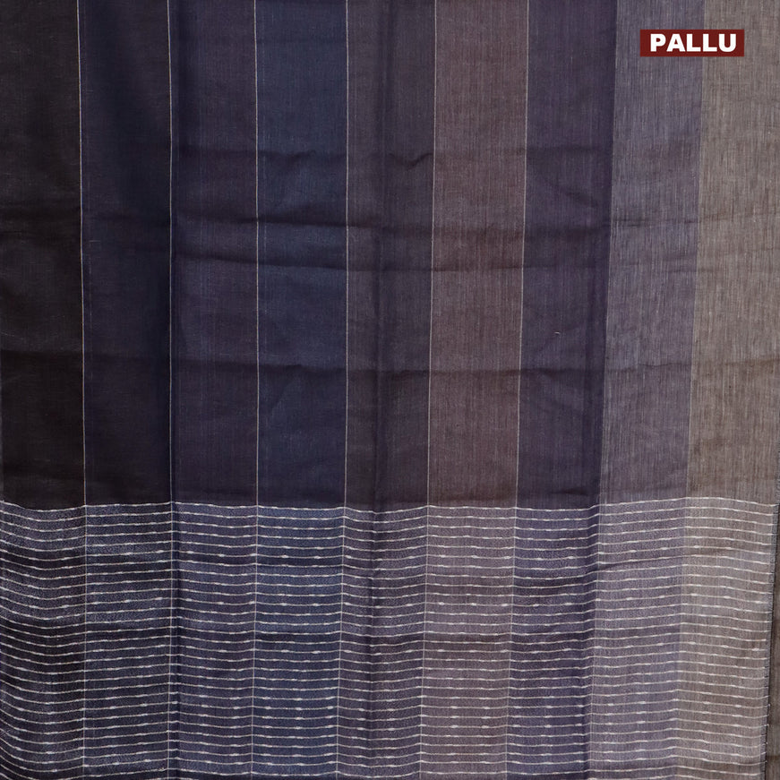 Pure linen saree multi colour and grey with allover silver zari stripe weaves and silver zari woven piping border