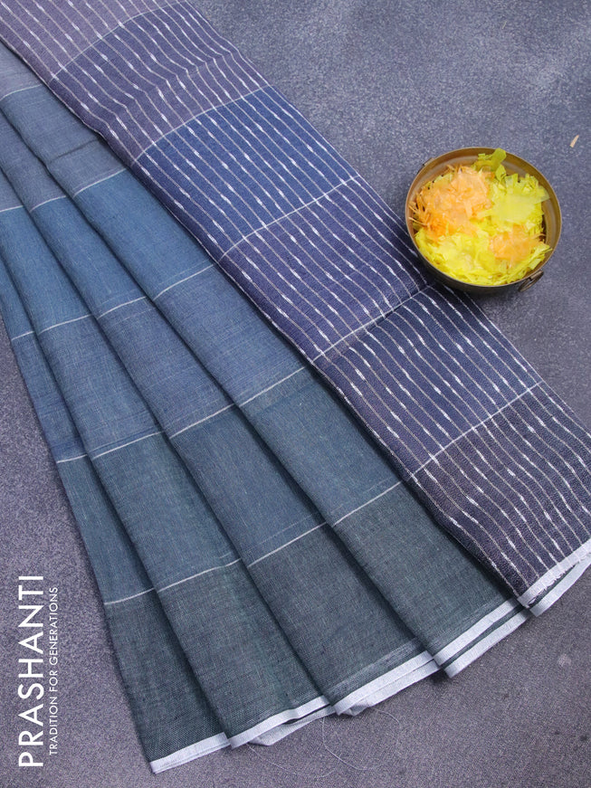 Pure linen saree multi colour with allover silver zari stripe weaves and silver zari woven piping border