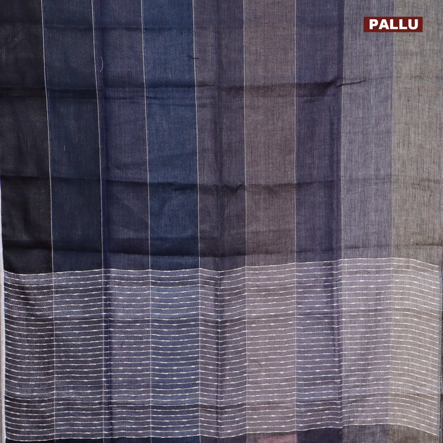 Pure linen saree multi colour and navy blue with allover silver zari stripe weaves and silver zari woven piping border