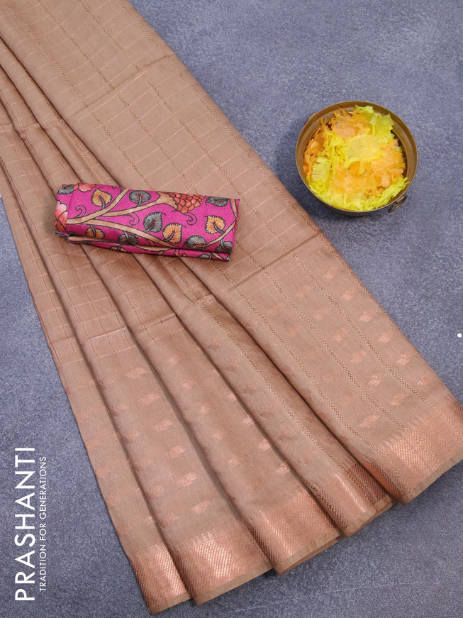 Semi tussar saree sandal and pink with zari checked pattern and copper zari woven border & kalamkari printed blouse