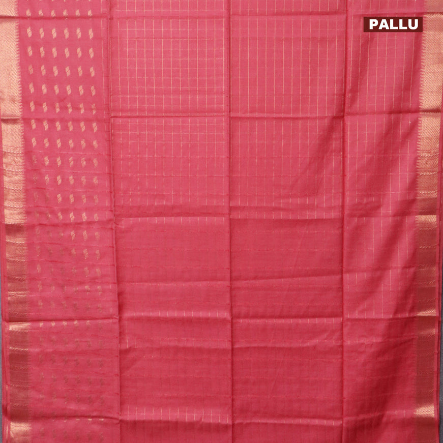 Semi tussar saree pink and royal blue with zari checked pattern and copper zari woven border & kalamkari printed blouse