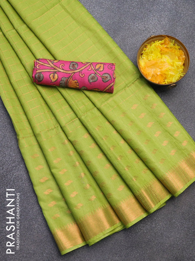 Semi tussar saree light green and pink with zari checked pattern and copper zari woven border & kalamkari printed blouse