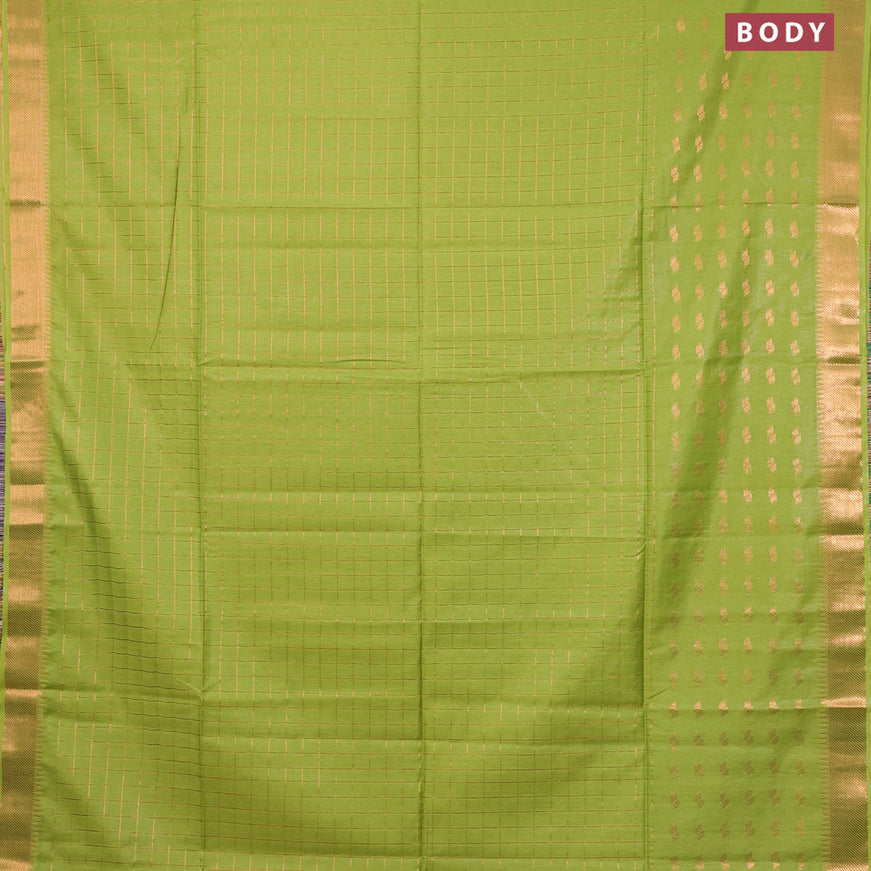 Semi tussar saree light green and pink with zari checked pattern and copper zari woven border & kalamkari printed blouse