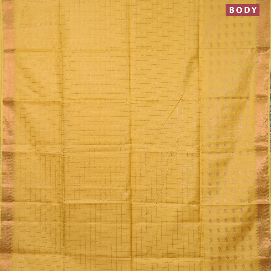 Semi tussar saree yellow and dark green with zari checked pattern and copper zari woven border & kalamkari printed blouse