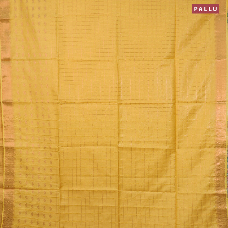 Semi tussar saree yellow and dark green with zari checked pattern and copper zari woven border & kalamkari printed blouse
