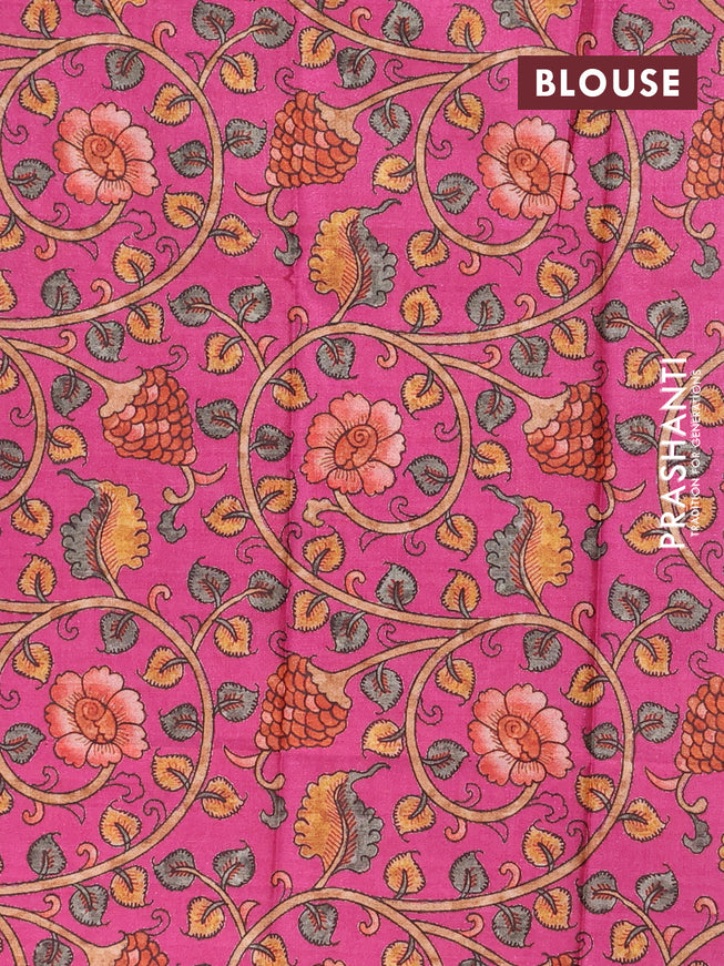 Semi tussar saree blue and pink with zari checked pattern and copper zari woven border & kalamkari printed blouse