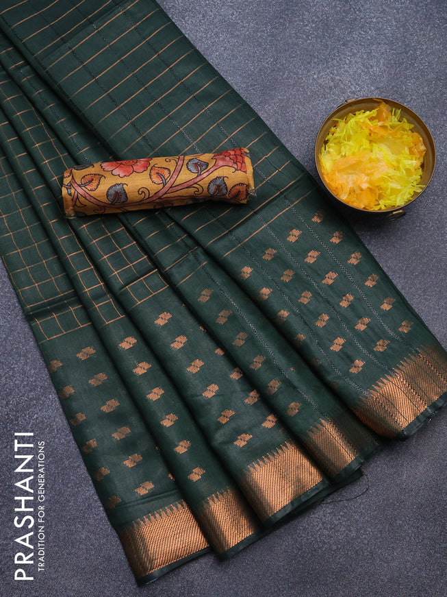 Semi tussar saree green and mustard yellow with zari checked pattern and copper zari woven border & kalamkari printed blouse