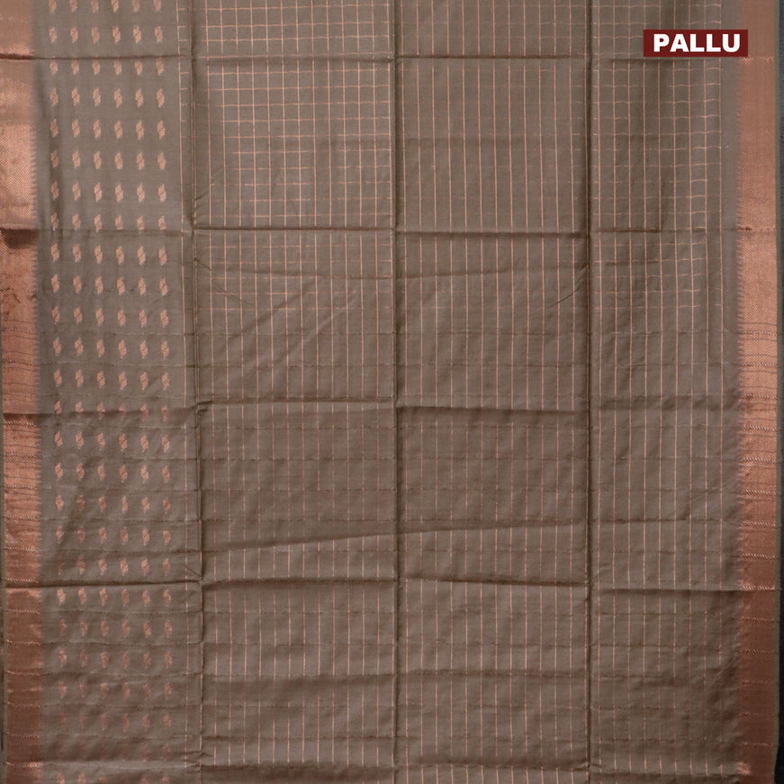 Semi tussar saree sap green and teal blue with zari checked pattern and copper zari woven border & kalamkari printed blouse