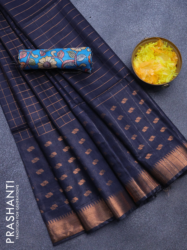 Semi tussar saree black and teal blue with zari checked pattern and copper zari woven border & kalamkari printed blouse